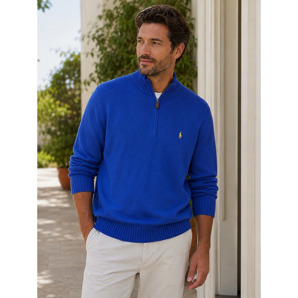 Polo Ralph Lauren Mens 2XLT‎ Tall Royal Blue Cotton Quarter Zip Pullover Sweater